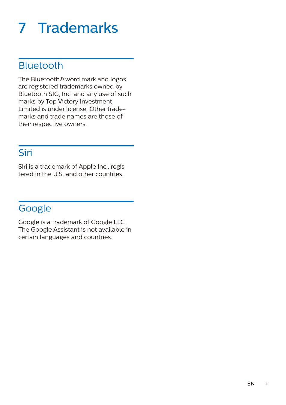 7 trademarks, Bluetooth, Siri | Google | Philips Noise-Canceling Wireless Over-Ear Headphones (Black) User Manual | Page 12 / 14