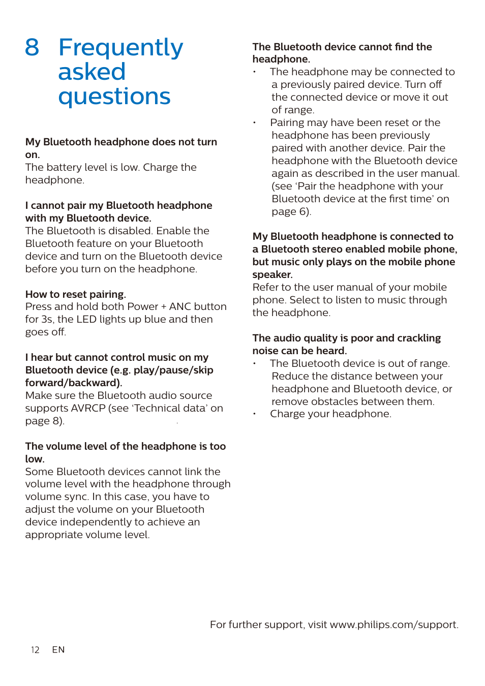 8 frequently asked questions | Philips Noise-Canceling Wireless Over-Ear Headphones (Black) User Manual | Page 13 / 14