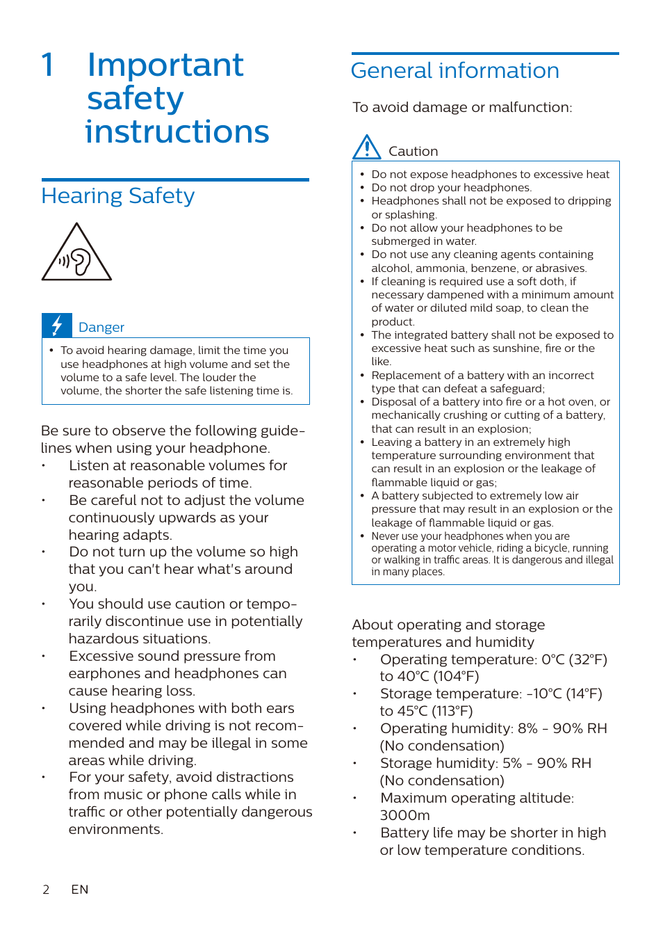 1 important safety instructions, Hearing safety, General information | Philips Noise-Canceling Wireless Over-Ear Headphones (Black) User Manual | Page 3 / 14