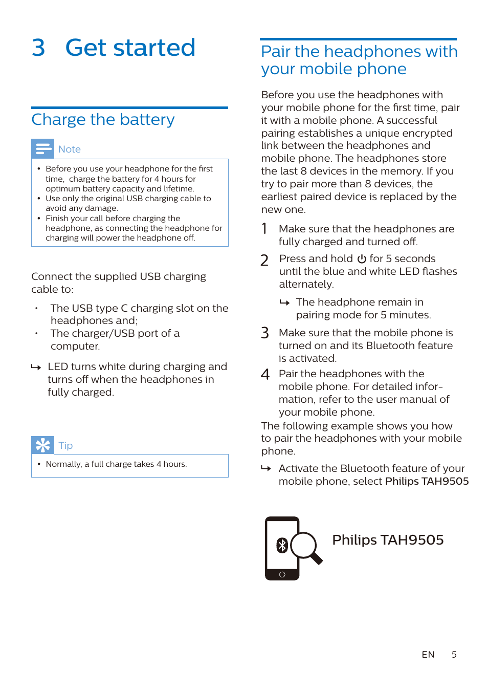 3 get started, Charge the battery, Pair the headphones with your mobile phone | Philips tah9505 | Philips Noise-Canceling Wireless Over-Ear Headphones (Black) User Manual | Page 6 / 14