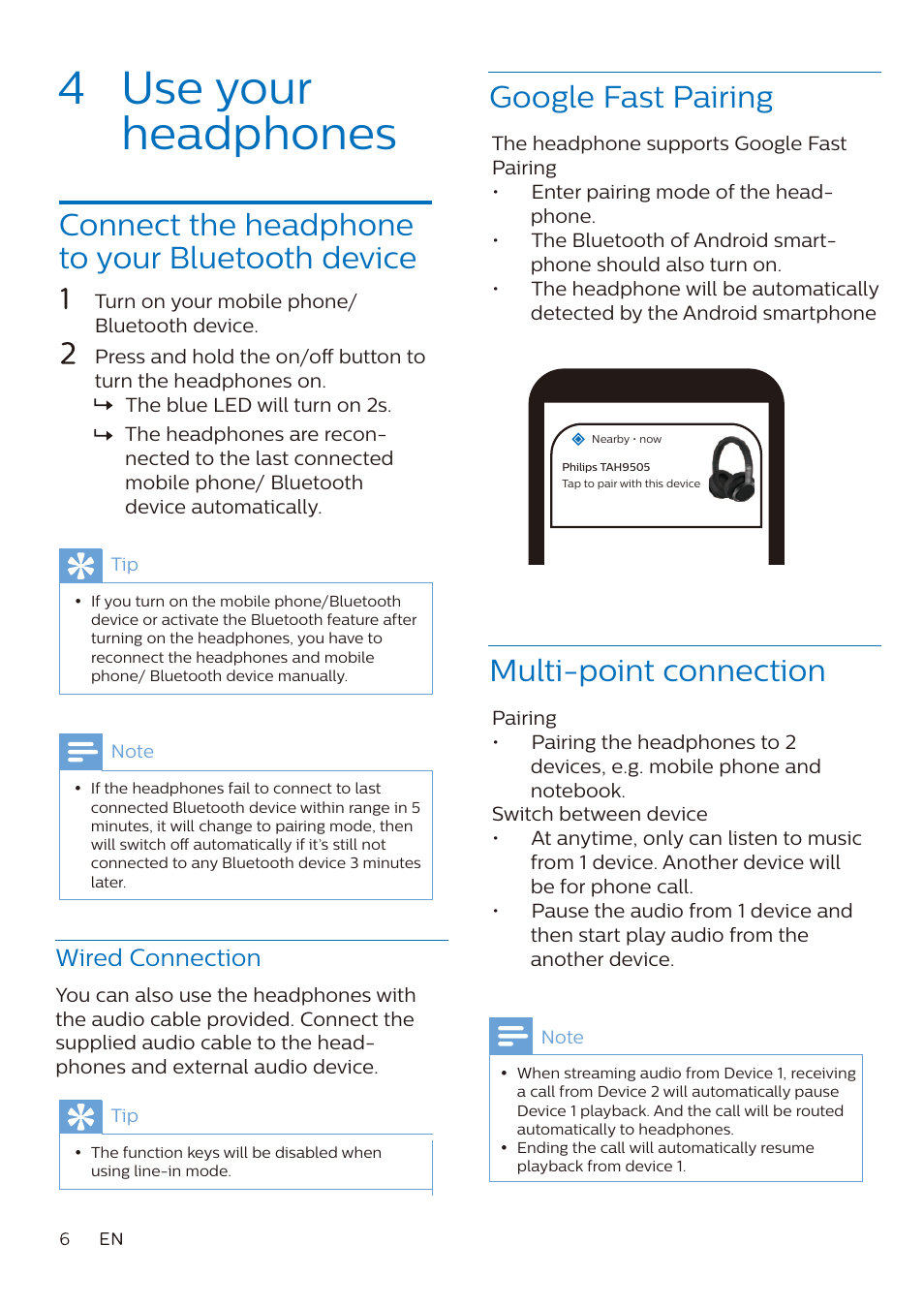 4 use your headphones, Connect the headphone to your bluetooth device, Multi-point connection | Google fast pairing, Wired connection | Philips Noise-Canceling Wireless Over-Ear Headphones (Black) User Manual | Page 7 / 14