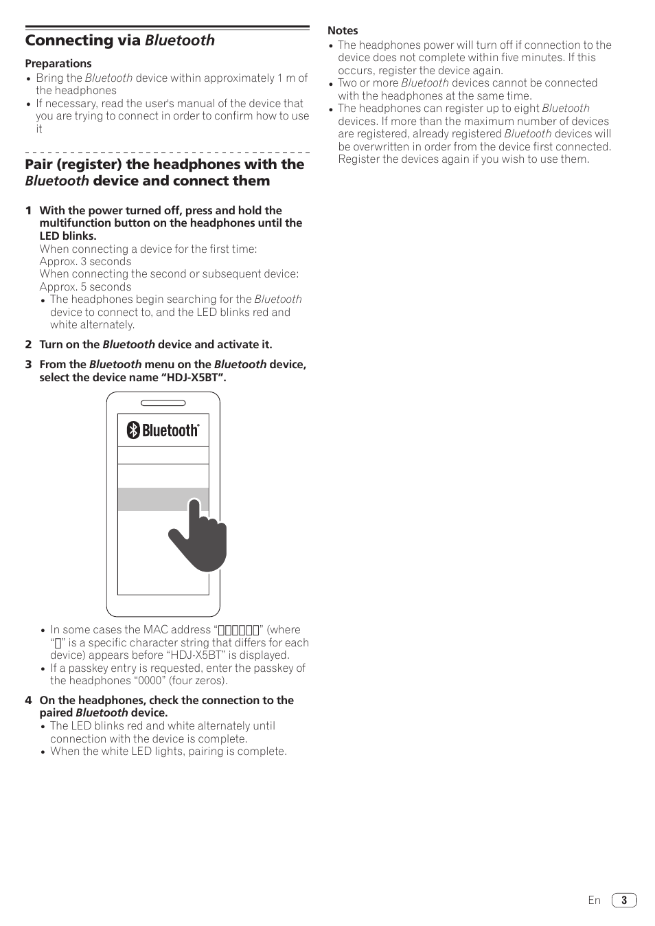 Connecting via bluetooth | Pioneer HDJ-X5BT Bluetooth Over-Ear DJ Headphones (Metallic Black) User Manual | Page 3 / 9