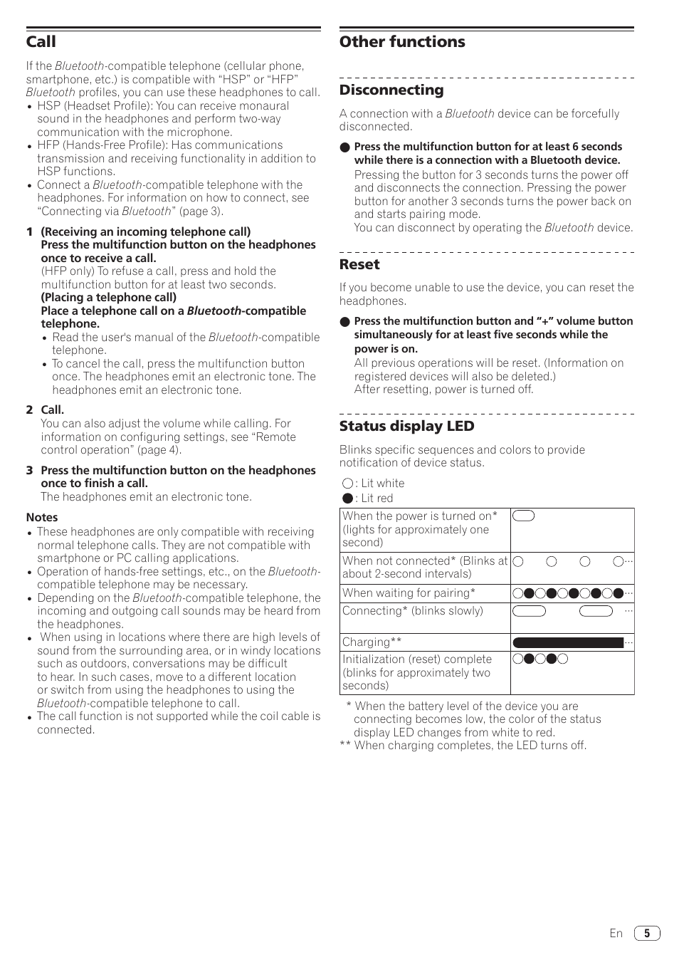 Call, Other functions, Disconnecting | Reset, Status display led | Pioneer HDJ-X5BT Bluetooth Over-Ear DJ Headphones (Metallic Black) User Manual | Page 5 / 9