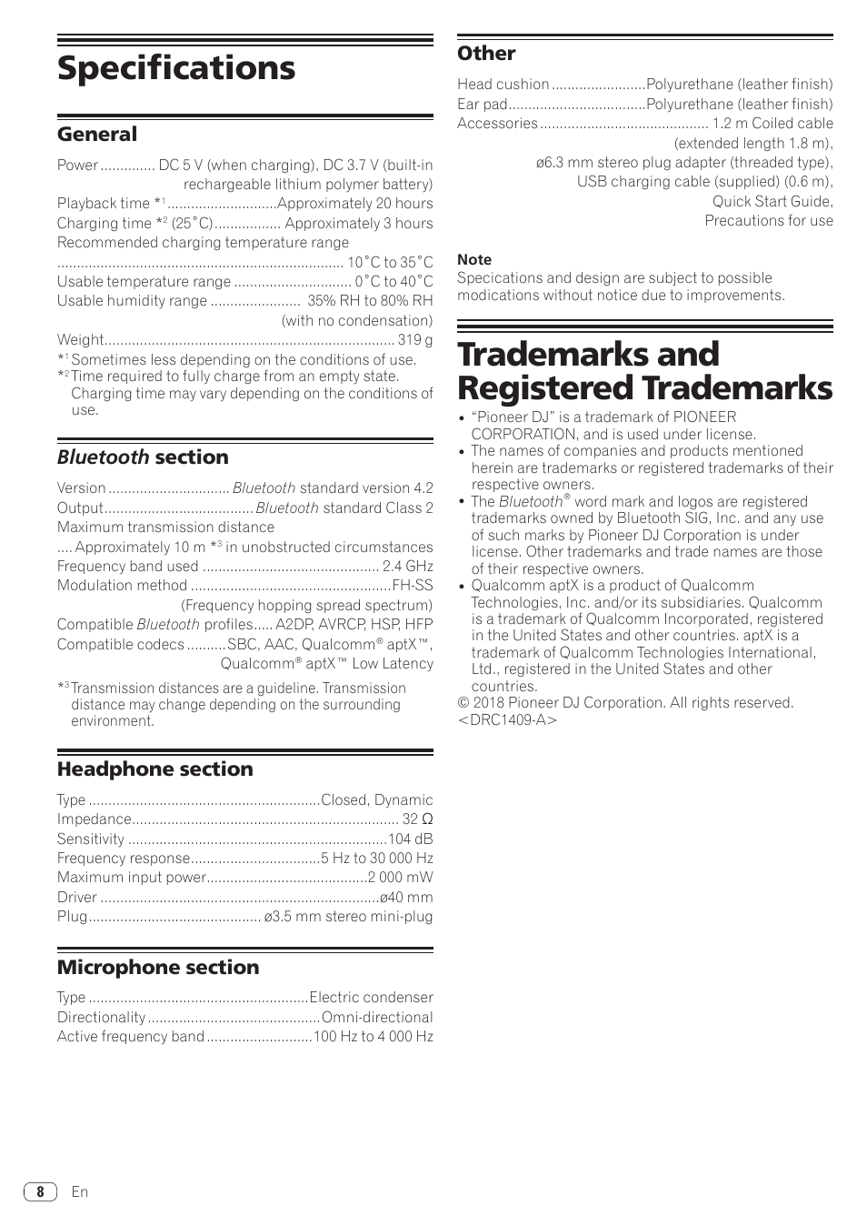Specifications, Trademarks and registered trademarks, General | Other | Pioneer HDJ-X5BT Bluetooth Over-Ear DJ Headphones (Metallic Black) User Manual | Page 8 / 9