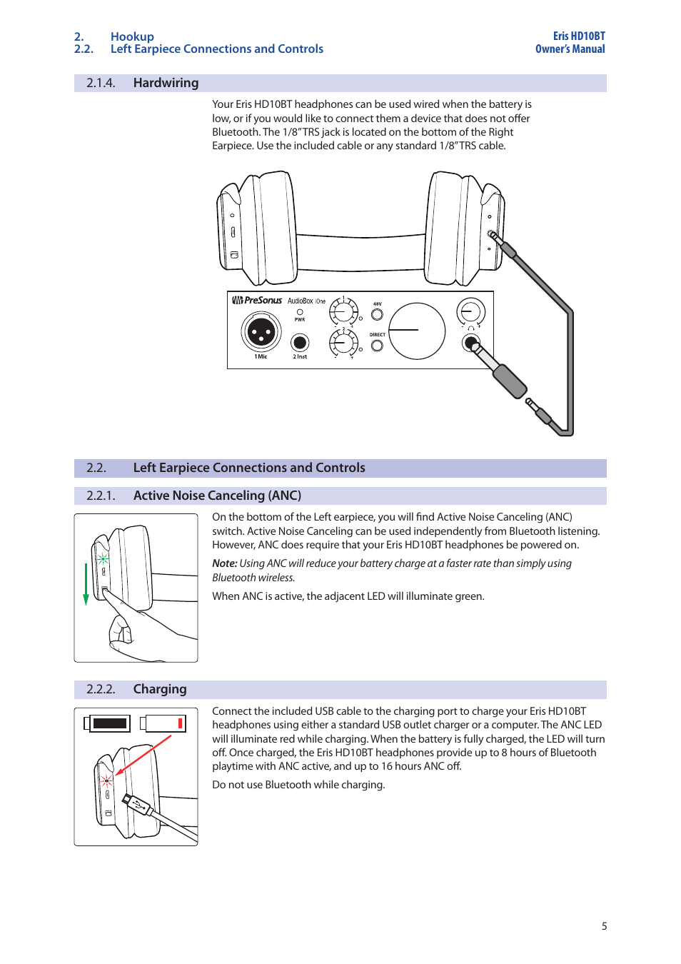 Hardwiring, Left earpiece connections and controls, Active noise canceling (anc) | Charging | PreSonus Eris HD10BT Studio Headphones with Active Noise Canceling and Bluetooth 5.0 User Manual | Page 7 / 9