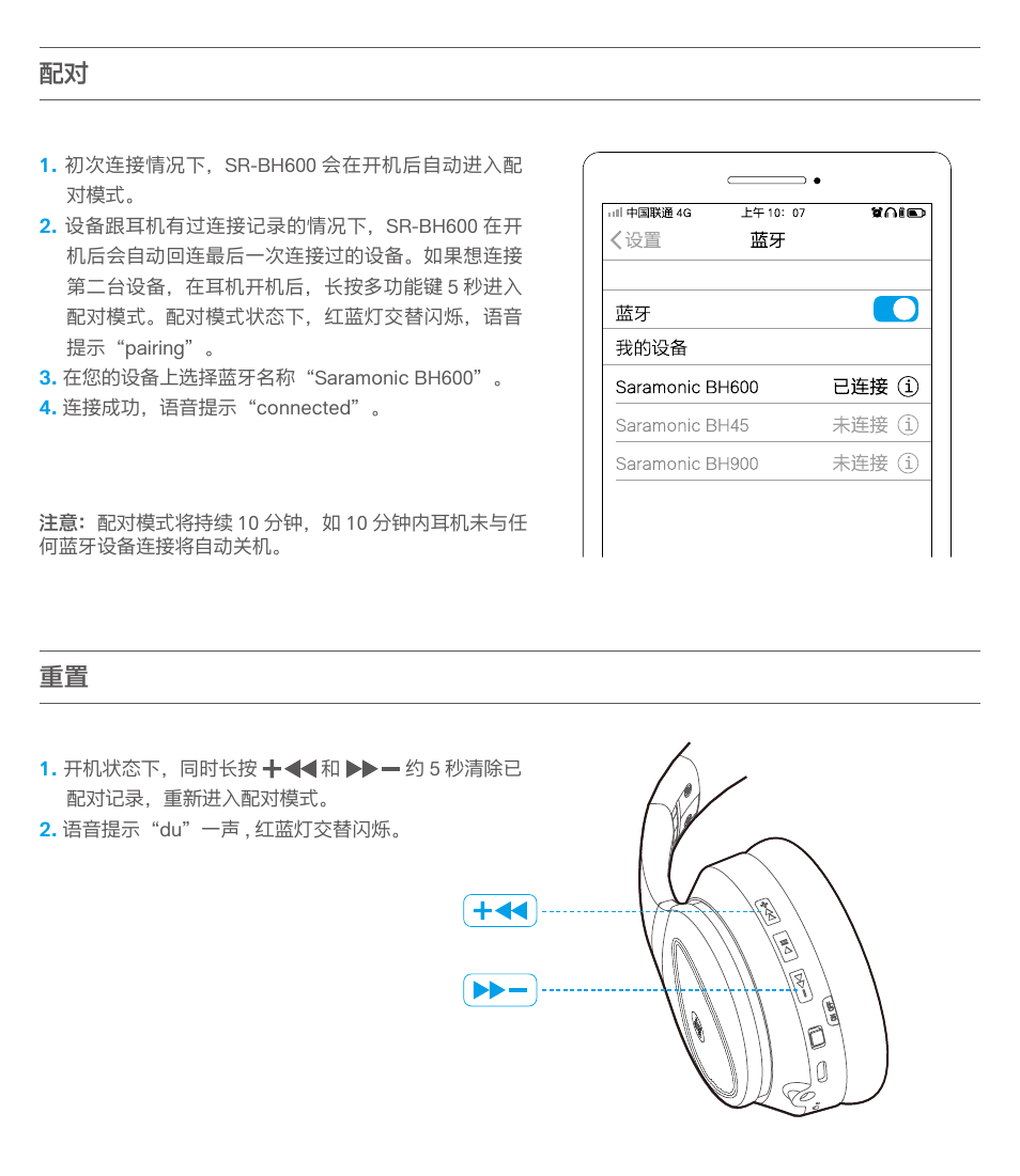 配对 重置 | Saramonic Noise-Canceling Wireless Over-Ear Headphones User Manual | Page 16 / 22