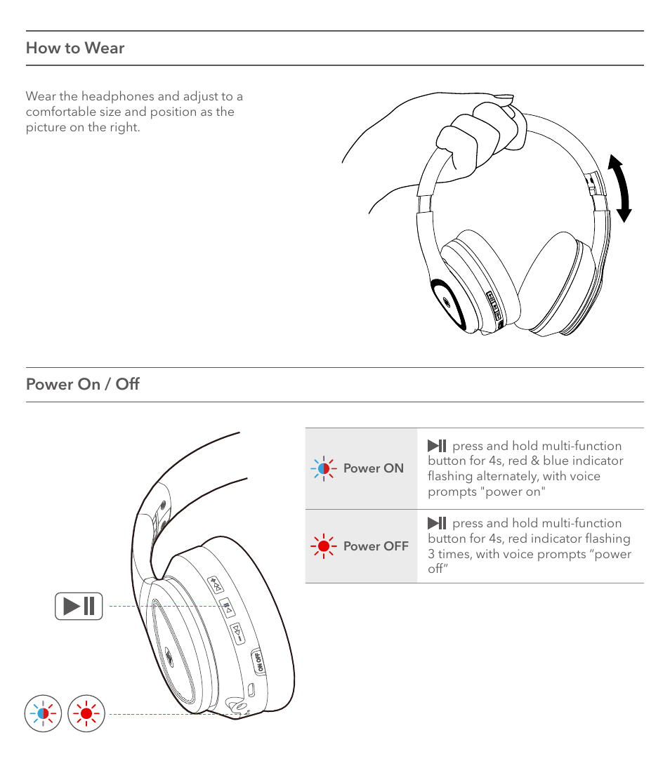 How to wear power on / off | Saramonic Noise-Canceling Wireless Over-Ear Headphones User Manual | Page 5 / 22