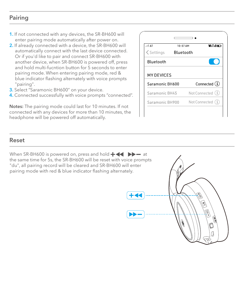 Pairing reset | Saramonic Noise-Canceling Wireless Over-Ear Headphones User Manual | Page 6 / 22