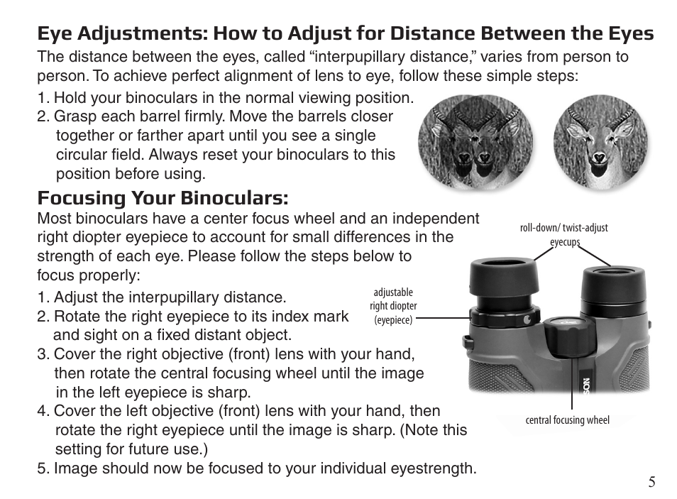 Ye!djustments, Focusing your binoculars | Carson Makalu 10x42 Binoculars User Manual | Page 5 / 8