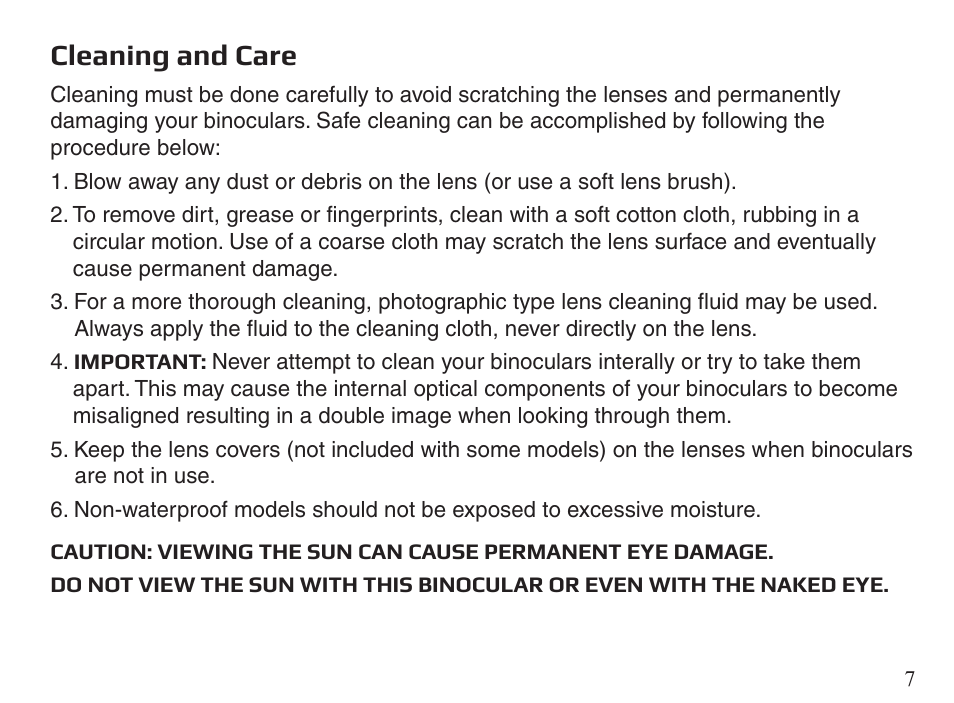 Cleaning and care | Carson Makalu 10x42 Binoculars User Manual | Page 7 / 8