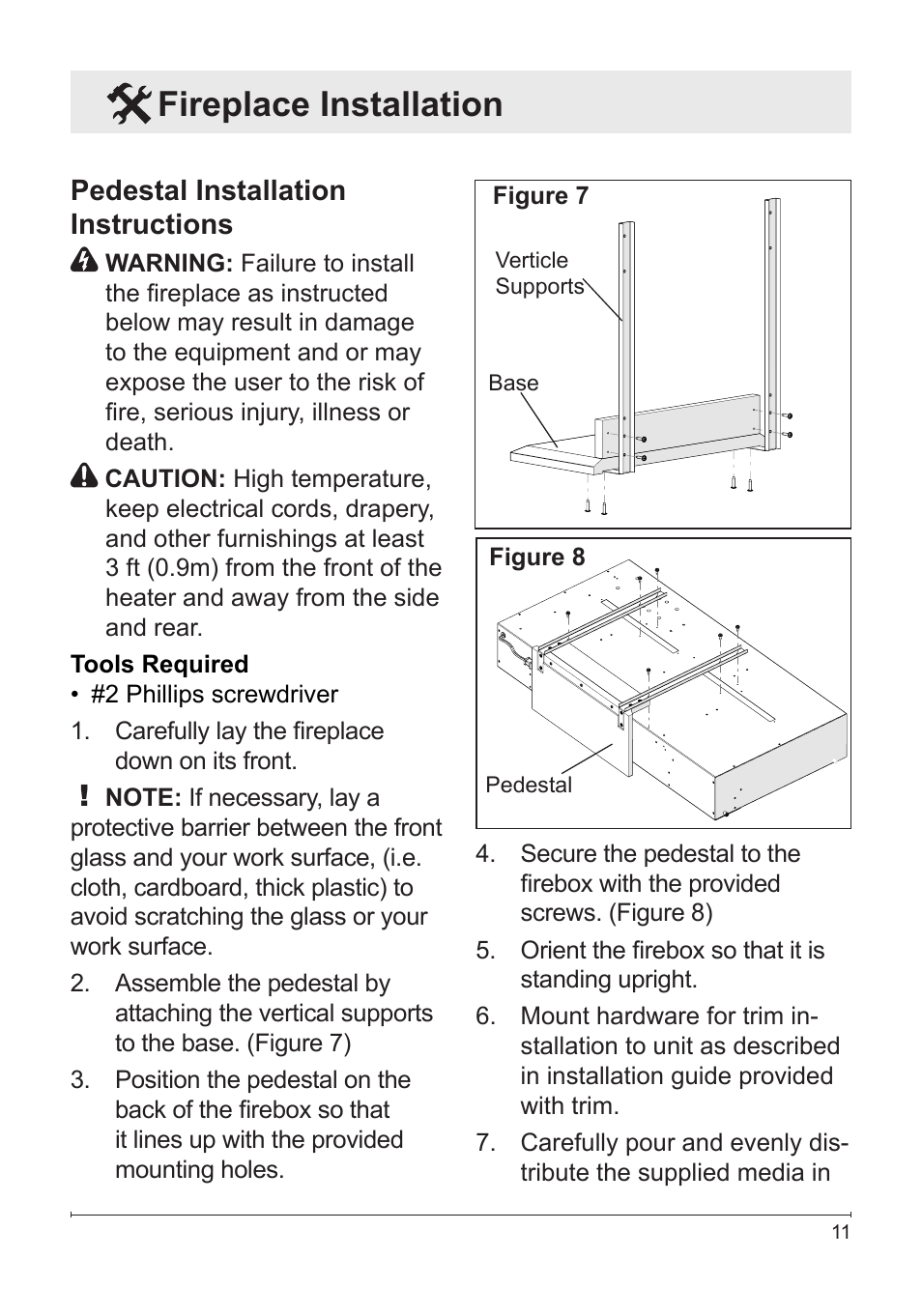 Fireplace installation, Pedestal installation instructions | Dimplex Electric Fireplace DF1136L User Manual | Page 11 / 18