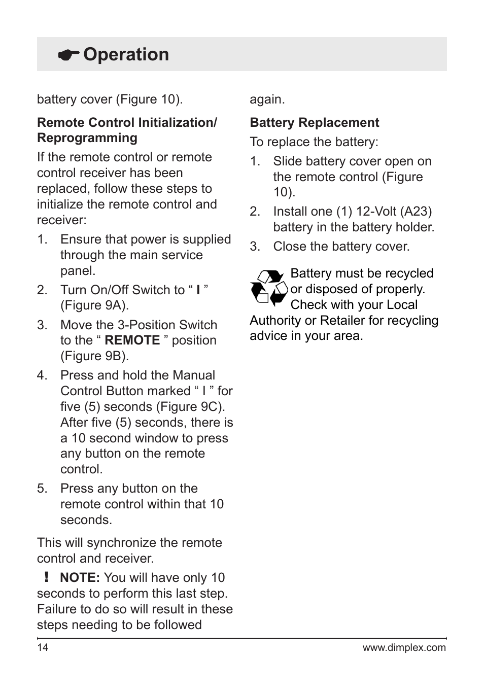 Operation | Dimplex Electric Fireplace DF1136L User Manual | Page 14 / 18