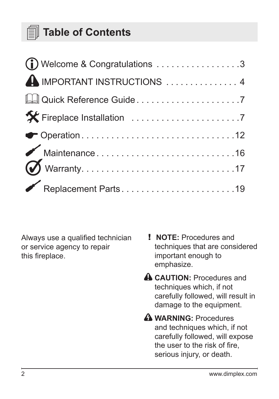 Dimplex Electric Fireplace DF1136L User Manual | Page 2 / 18