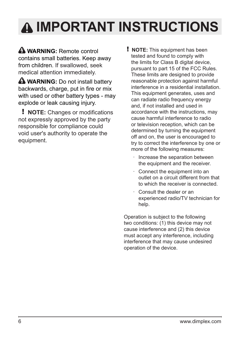 Important instructions | Dimplex Electric Fireplace DF1136L User Manual | Page 6 / 18