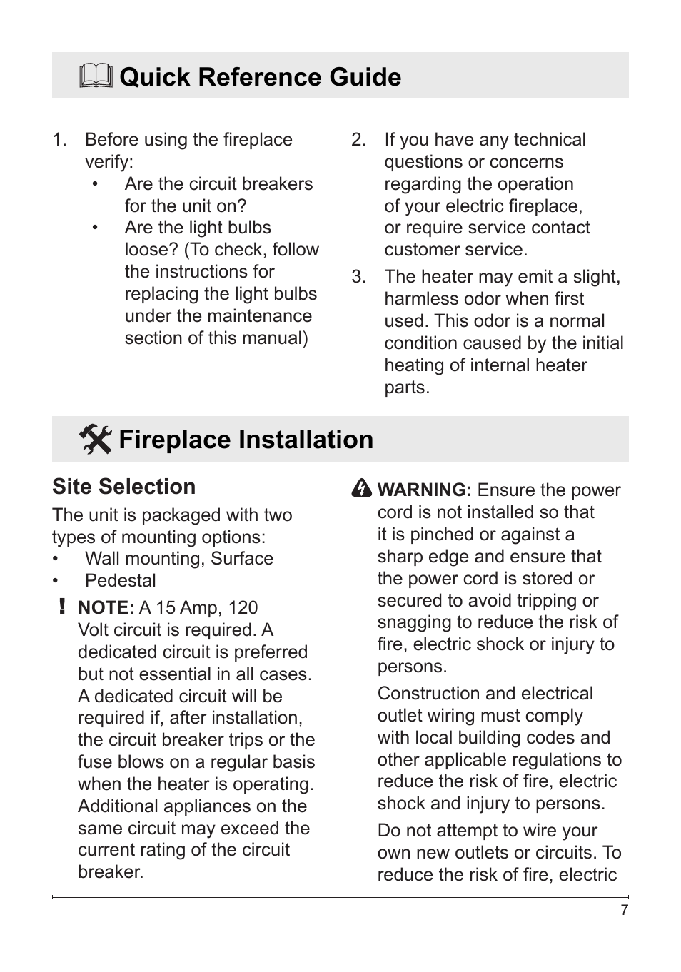 Quick reference guide, Fireplace installation, Site selection | Dimplex Electric Fireplace DF1136L User Manual | Page 7 / 18