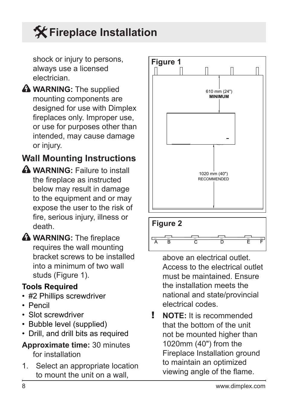 Fireplace installation, Wall mounting instructions | Dimplex Electric Fireplace DF1136L User Manual | Page 8 / 18