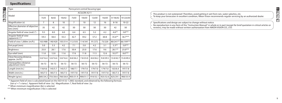 Specifications | Nikon 8x42 Aculon A211 Binoculars (Black) User Manual | Page 5 / 12