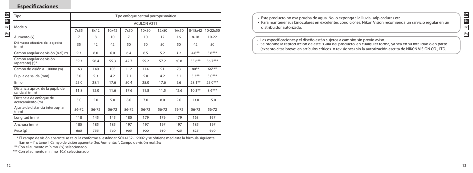 Especificaciones | Nikon 8x42 Aculon A211 Binoculars (Black) User Manual | Page 7 / 12