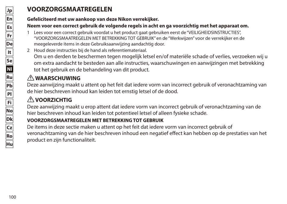 Voorzorgsmaatregelen | Nikon 7x50 WX IF Binocular (Black) User Manual | Page 100 / 240