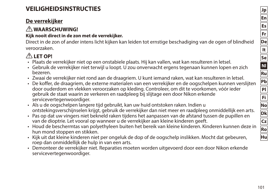 Veiligheidsinstructies | Nikon 7x50 WX IF Binocular (Black) User Manual | Page 101 / 240