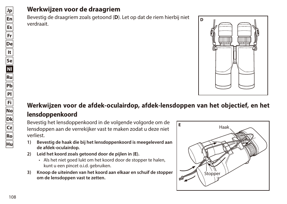 Werkwijzen voor de draagriem | Nikon 7x50 WX IF Binocular (Black) User Manual | Page 108 / 240