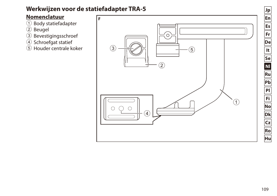 Werkwijzen voor de statiefadapter tra-5 | Nikon 7x50 WX IF Binocular (Black) User Manual | Page 109 / 240