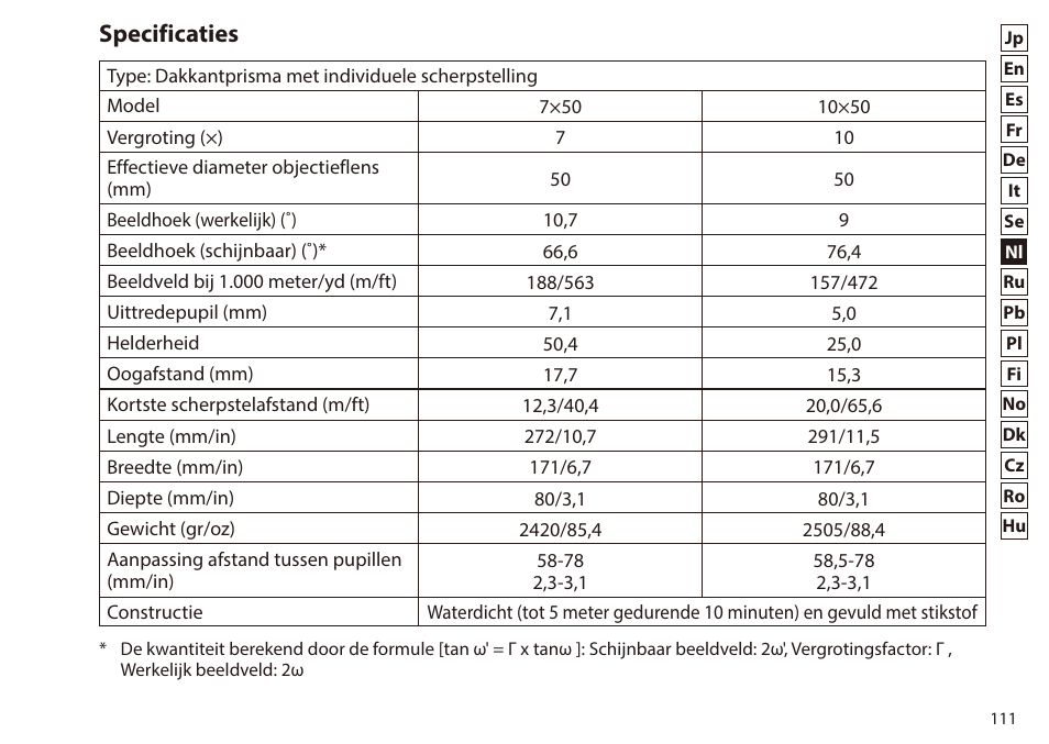 Specificaties | Nikon 7x50 WX IF Binocular (Black) User Manual | Page 111 / 240