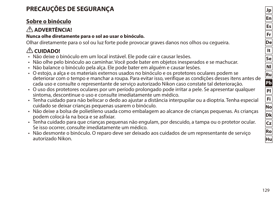 Precauções de segurança | Nikon 7x50 WX IF Binocular (Black) User Manual | Page 129 / 240