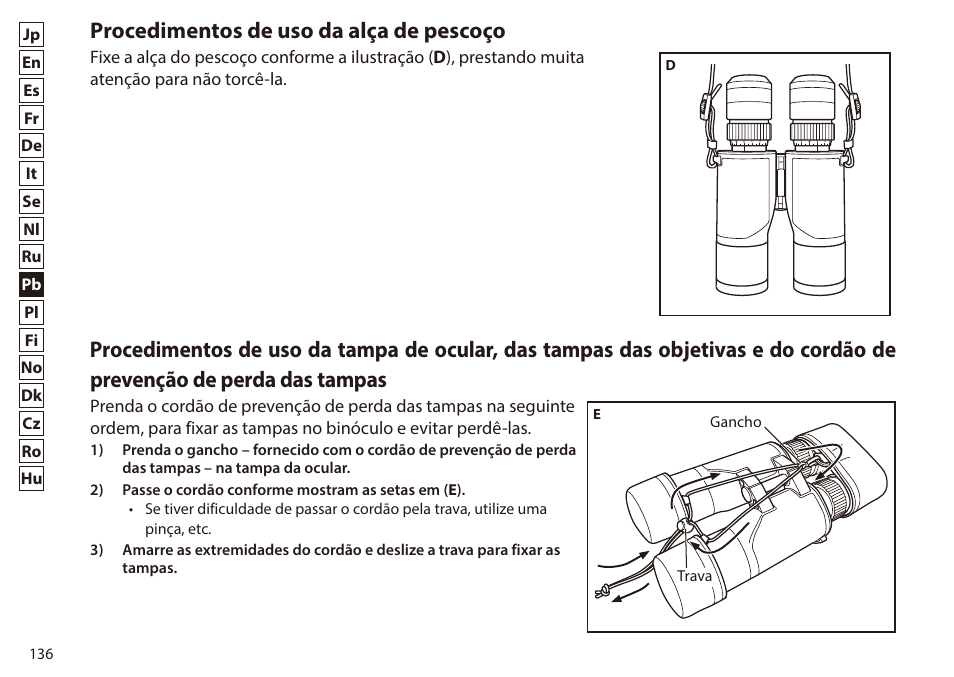 Procedimentos de uso da alça de pescoço | Nikon 7x50 WX IF Binocular (Black) User Manual | Page 136 / 240
