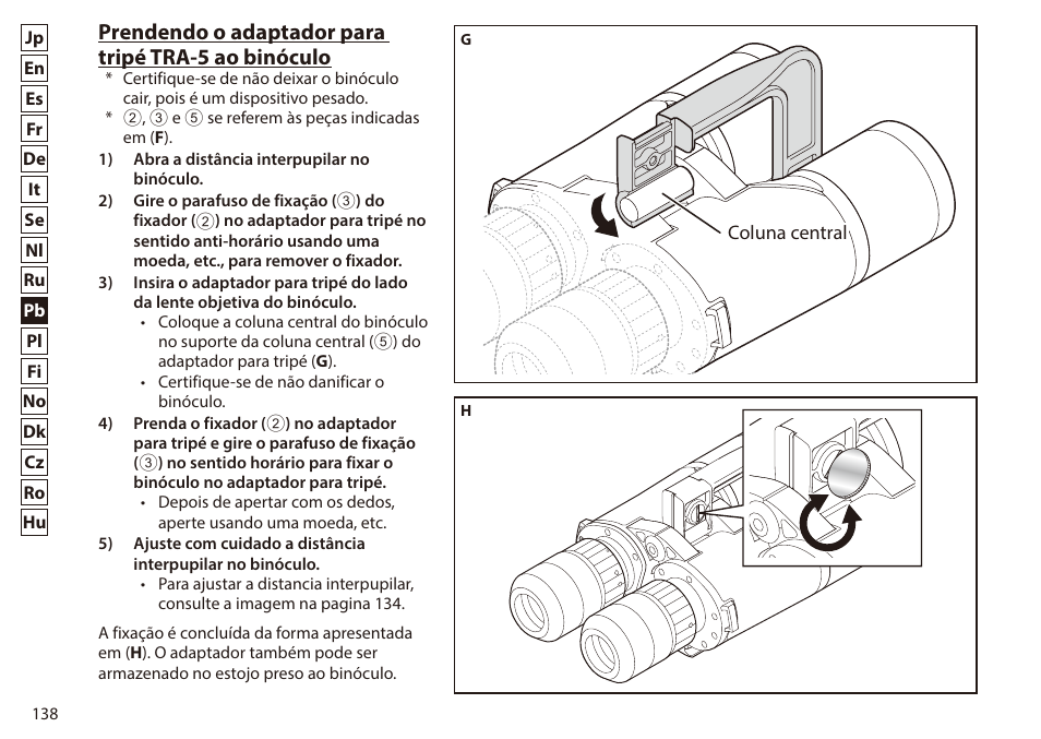 Prendendo o adaptador para tripé tra-5 ao binóculo | Nikon 7x50 WX IF Binocular (Black) User Manual | Page 138 / 240