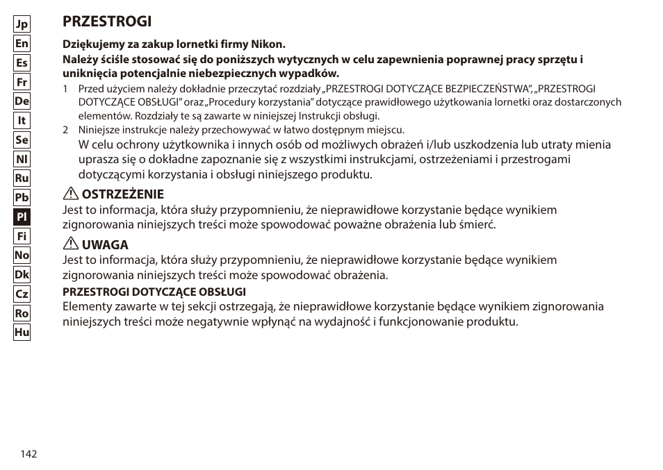 Przestrogi | Nikon 7x50 WX IF Binocular (Black) User Manual | Page 142 / 240