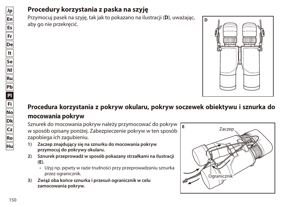 Procedury korzystania z paska na szyję | Nikon 7x50 WX IF Binocular (Black) User Manual | Page 150 / 240