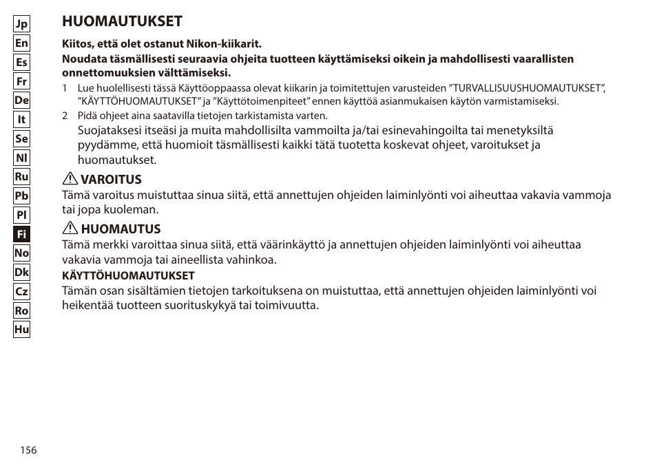 Huomautukset | Nikon 7x50 WX IF Binocular (Black) User Manual | Page 156 / 240