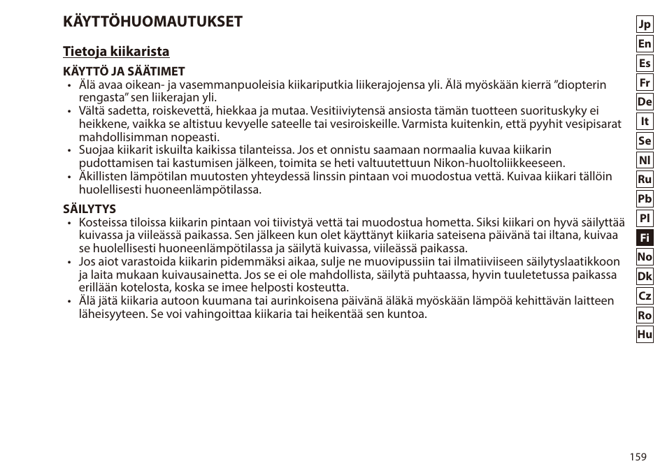 Käyttöhuomautukset | Nikon 7x50 WX IF Binocular (Black) User Manual | Page 159 / 240