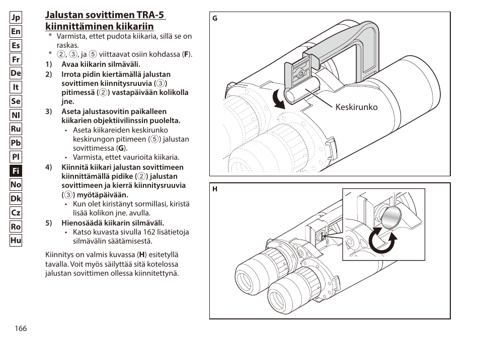 Jalustan sovittimen tra-5 kiinnittäminen kiikariin | Nikon 7x50 WX IF Binocular (Black) User Manual | Page 166 / 240