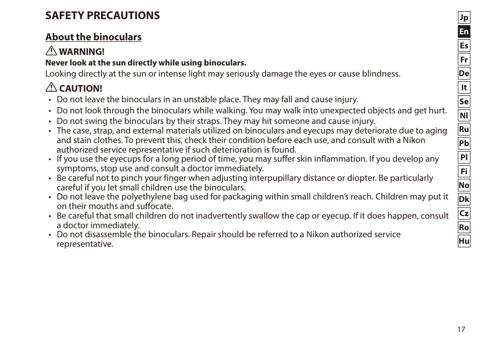 Safety precautions | Nikon 7x50 WX IF Binocular (Black) User Manual | Page 17 / 240