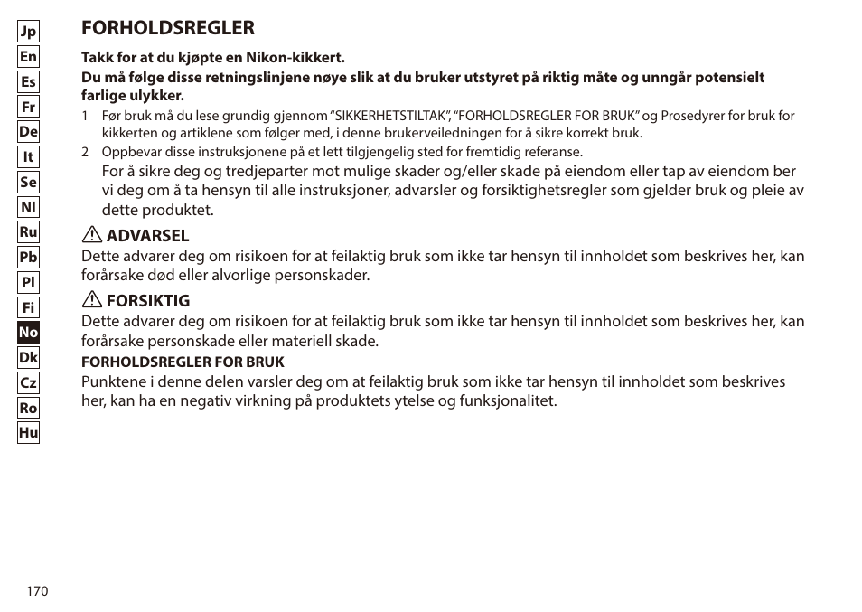 Forholdsregler | Nikon 7x50 WX IF Binocular (Black) User Manual | Page 170 / 240