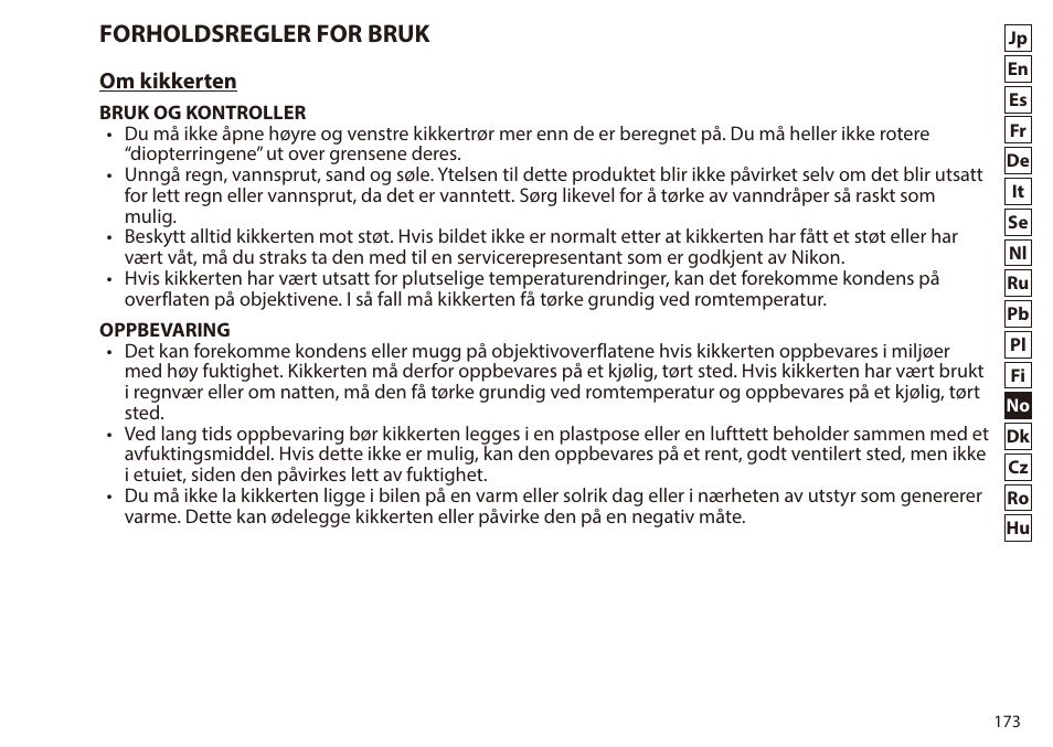Forholdsregler for bruk | Nikon 7x50 WX IF Binocular (Black) User Manual | Page 173 / 240