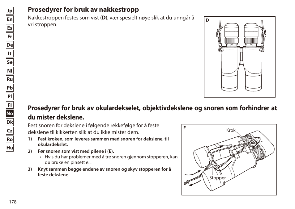 Prosedyrer for bruk av nakkestropp | Nikon 7x50 WX IF Binocular (Black) User Manual | Page 178 / 240