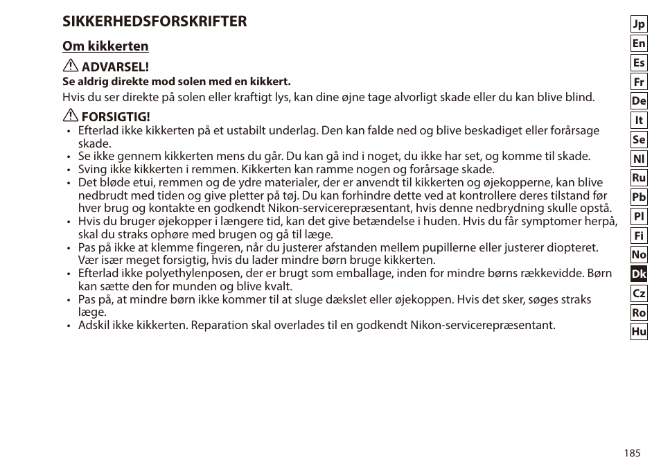 Sikkerhedsforskrifter | Nikon 7x50 WX IF Binocular (Black) User Manual | Page 185 / 240
