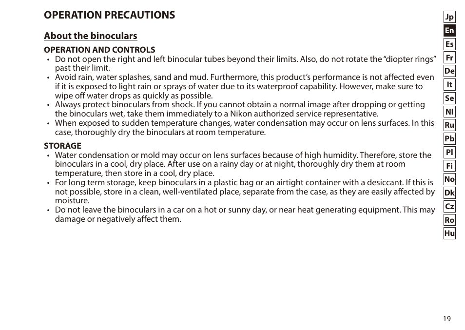 Operation precautions | Nikon 7x50 WX IF Binocular (Black) User Manual | Page 19 / 240