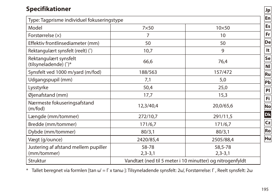 Specifikationer | Nikon 7x50 WX IF Binocular (Black) User Manual | Page 195 / 240