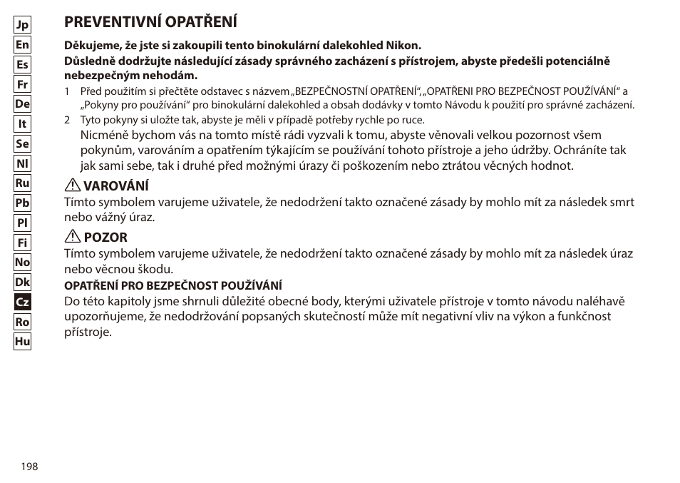 Preventivní opatření | Nikon 7x50 WX IF Binocular (Black) User Manual | Page 198 / 240