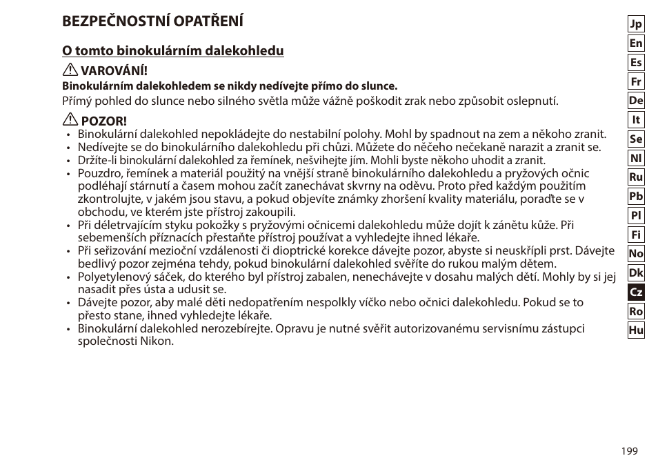 Bezpečnostní opatření | Nikon 7x50 WX IF Binocular (Black) User Manual | Page 199 / 240