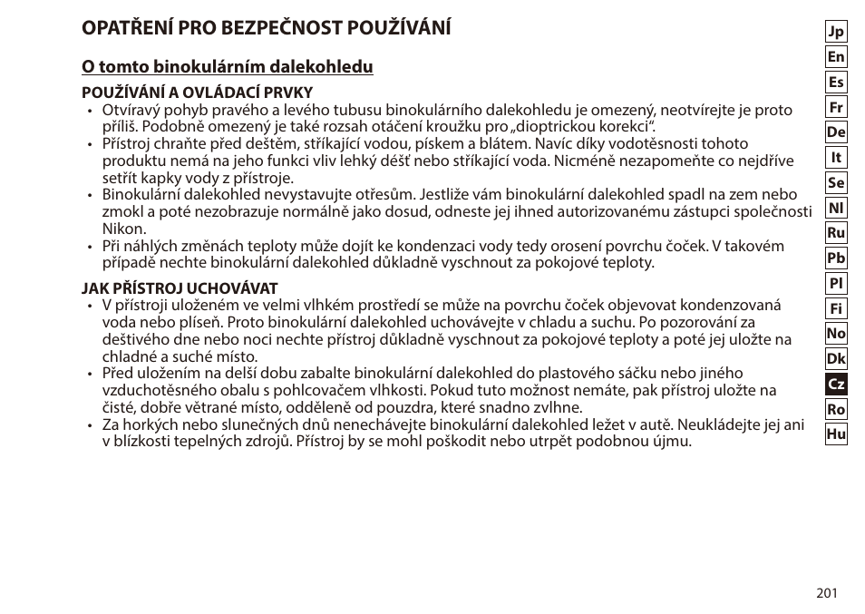 Opatření pro bezpečnost používání | Nikon 7x50 WX IF Binocular (Black) User Manual | Page 201 / 240