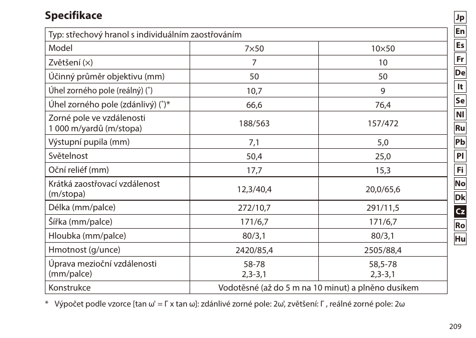 Specifikace | Nikon 7x50 WX IF Binocular (Black) User Manual | Page 209 / 240