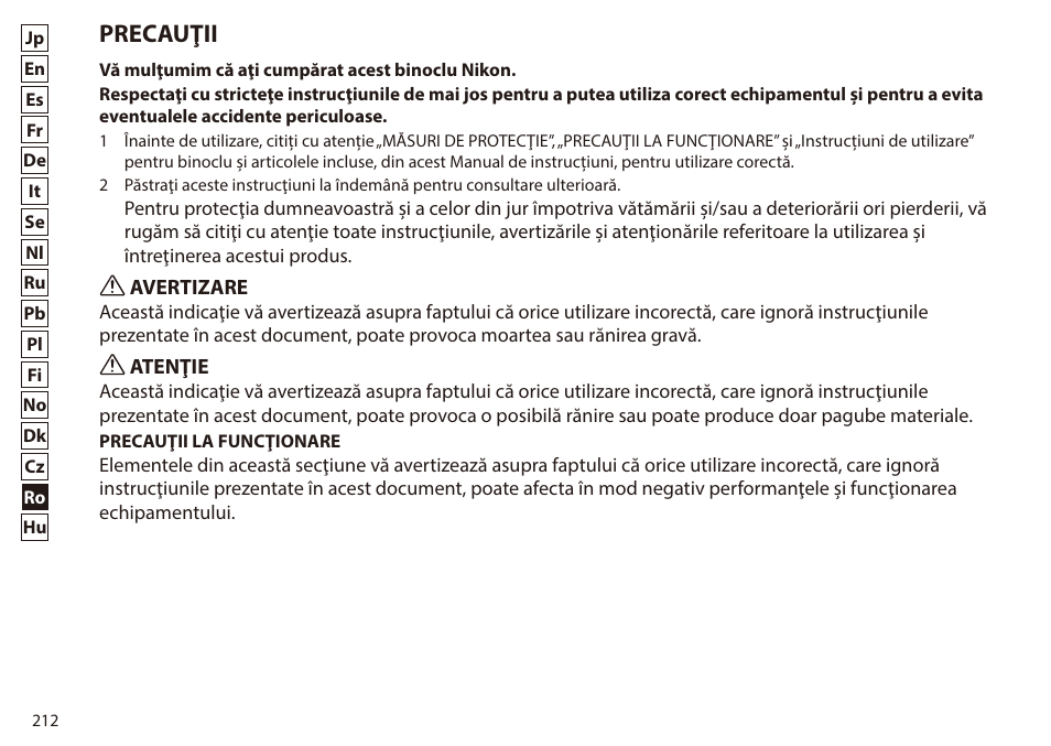 Precauţii | Nikon 7x50 WX IF Binocular (Black) User Manual | Page 212 / 240