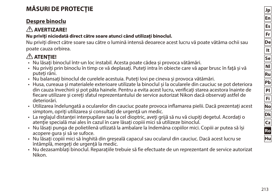 Măsuri de protecţie | Nikon 7x50 WX IF Binocular (Black) User Manual | Page 213 / 240