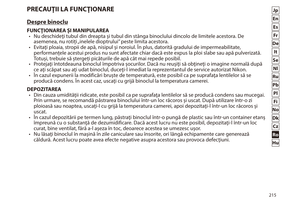 Precauţii la funcţionare | Nikon 7x50 WX IF Binocular (Black) User Manual | Page 215 / 240