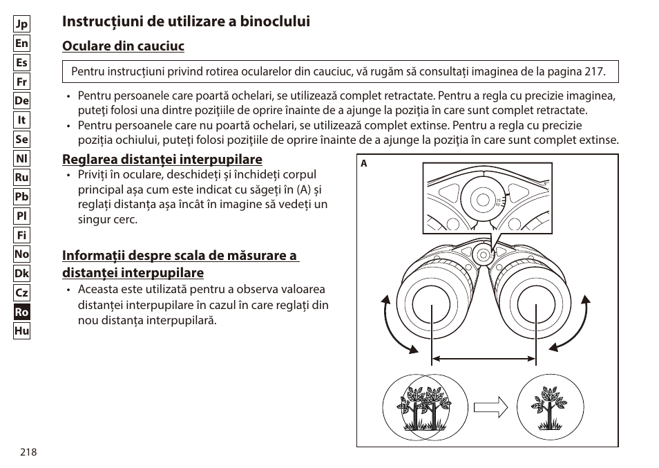 Instrucțiuni de utilizare a binoclului, Oculare din cauciuc, Reglarea distanței interpupilare | Nikon 7x50 WX IF Binocular (Black) User Manual | Page 218 / 240